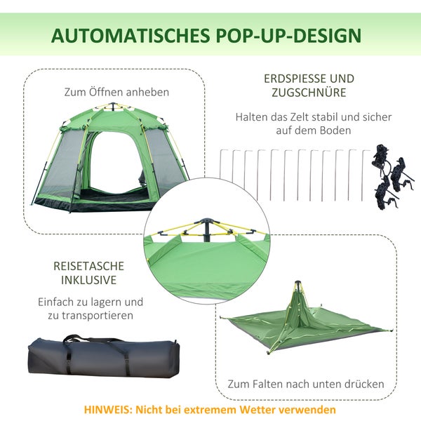Outsunny Campingzelt, für 6 Personen,  320 x 320 x 180 cm, Stahl, Glasfaser, Grün