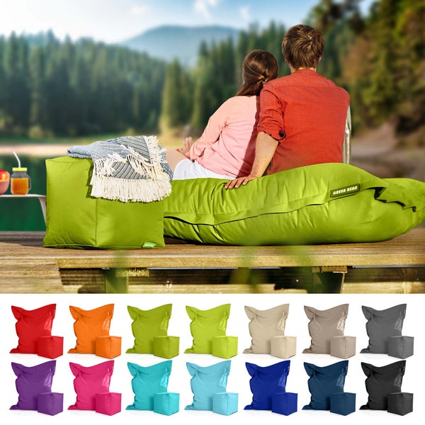 Green Bean 2er Set XXL Sitzsack inkl. Pouf fertig befüllt mit EPS-Perlen - Riesensitzsack 140x180 Lounge Sitz-Kissen Bean-Bag Chair  - Grün