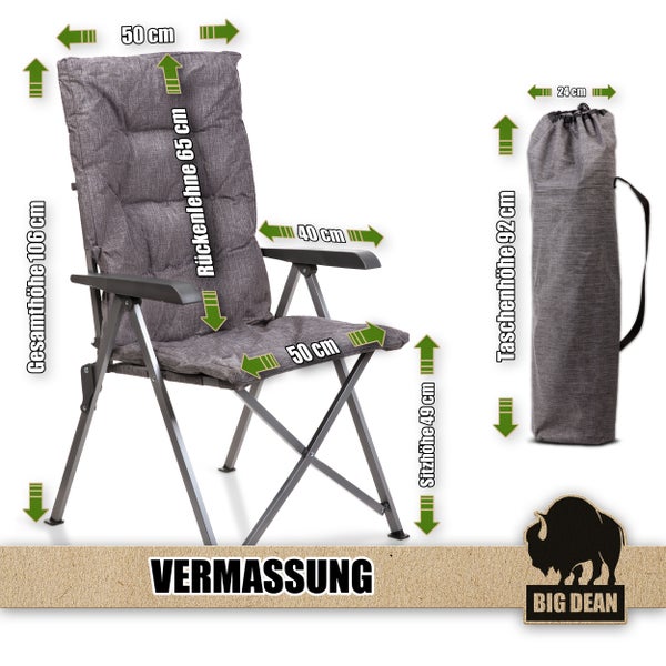 Maße des Big Dean Faltstuhls mit Tragetasche