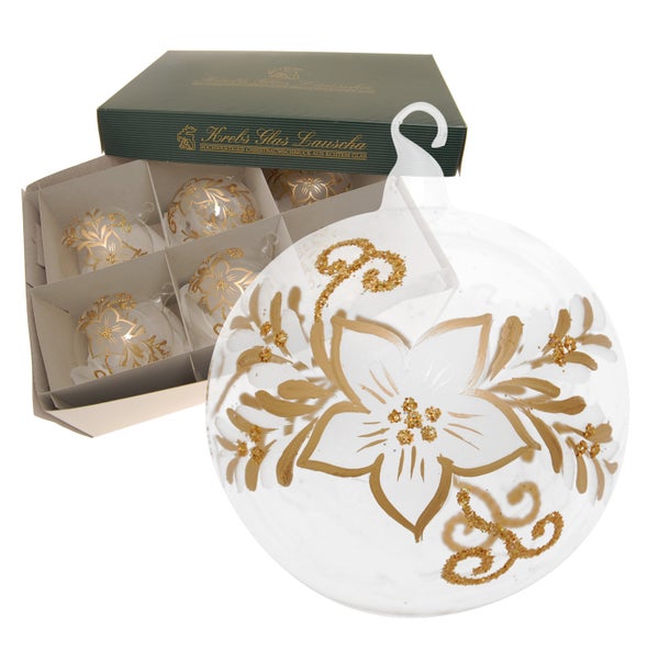 Glaskugel Frostige Blume Gold (White Xmas Night), Kristallklar, 8cm, 6 Stck., Weihnachtsbaumkugeln, Christbaumschmuck, Weihnachtsbaumanhänger