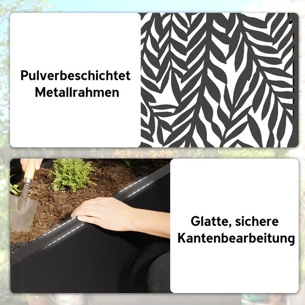 Pflanzkasten aus Metall mit dekorativem Rankgitter im Blätterdesign, bepflanzt mit Gurken auf einer Terrasse in einem hellen, gepflegten Garten.