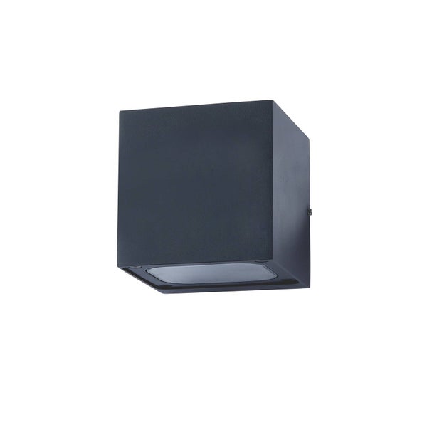 Würfelförmige Außenwandleuchte aus Metall in Anthrazit mit Lichtaustritt nach unten.