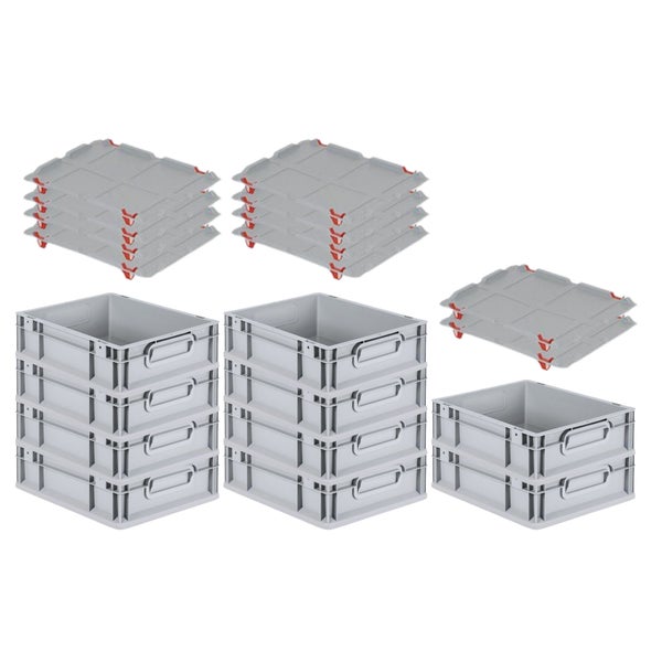 PROREGAL SparSet 10x Eurobox NextGen Grip mit Auflagedeckel mit 4 Roten Schiebeschnappverschlüssen HxBxT 12 x 30 x 40 cm 11 Liter