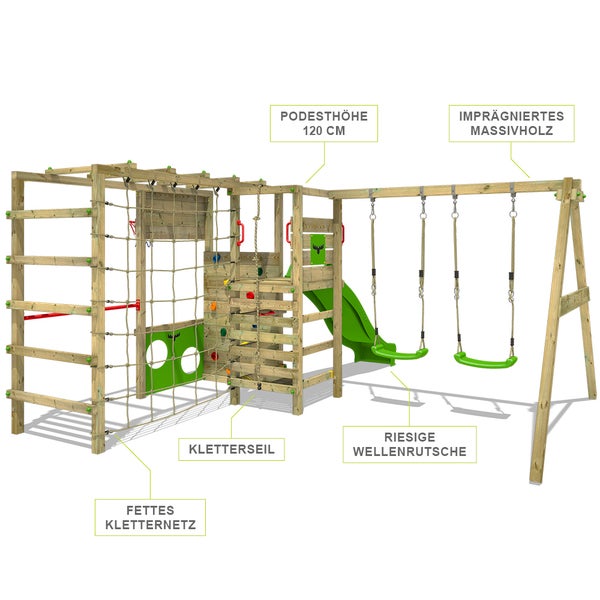 FATMOOSE Klettergerüst Spielturm ActionArena mit Schaukel und Rutsche, Gartenspielgerät mit Leiter und Spiel-Zubehör - apfelgrün