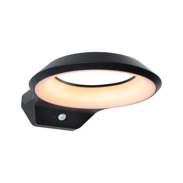 Moderne schwarze LED-Außenwandleuchte in Ringform mit integriertem Bewegungsmelder und warmweißem Licht.