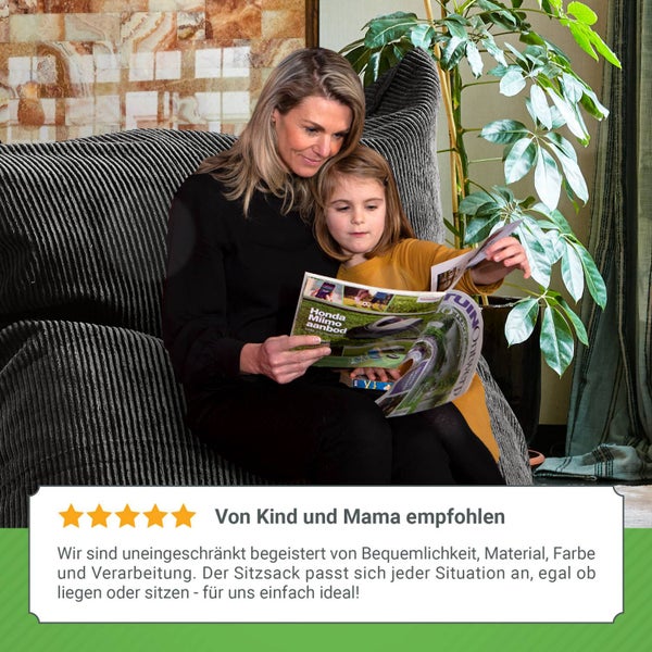 Green Bean XXL Sitzsack aus Cordstoff 370 Liter EPS-Perlen Füllung - Kuschelig Weich Robust & Waschbarem-Stoff Bodenkissen Liegekissen Sitzkissen - Anthrazit