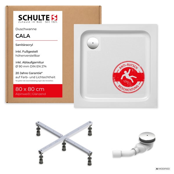 Schulte Duschwanne Cala aus Sanitäracryl 80 mal 80 Zentimeter mit Fußgestell und Ablaufgarnitur