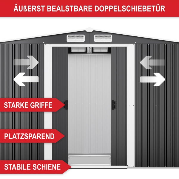 Metall-Gerätehaus mit robuster Doppelschiebetür, stabilen Griffen und platzsparender Gleitschiene.