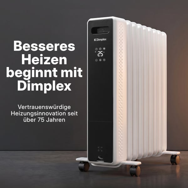 Mobiler Dimplex Ölradiator mit digitalem Display zur präzisen Temperatursteuerung, auf Rollen für flexiblen Einsatz in Wohnräumen.