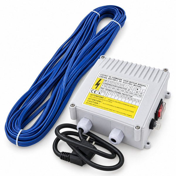 Steuerbox fuer einphasige Elektromotoren mit Anschlusskabeln und technischem Typenschild auf dem Gehaeuse