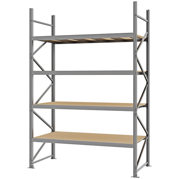 Schwerlastregal aus Metall mit vier Holzböden und stabilen Seitenverstrebungen für Werkstatt und Keller.
