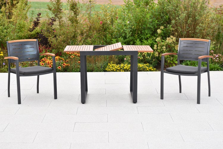 Tinos Gartenmöbelset 5tlg., 2 Stapelsessel, 2 Sitzkissen grau, Balkonausziehtisch 80 (120) x 70 cm
