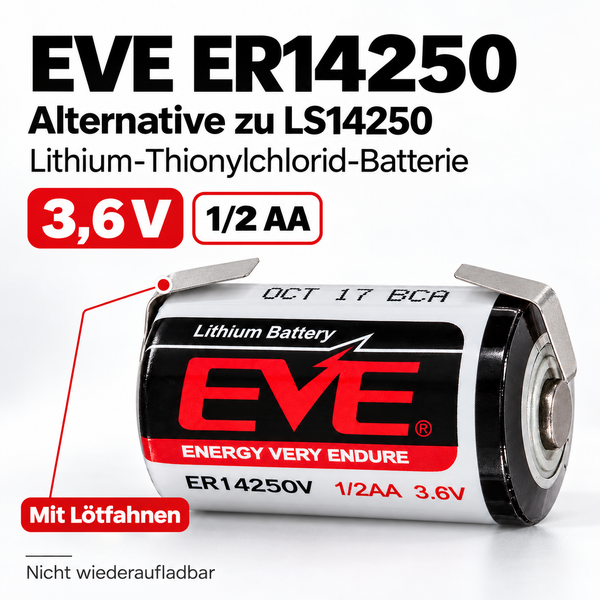 EVE ER14250 1/2 AA Lithium Thionylchlorid Batterie 3,6 Volt mit Lötfahnen, nicht wiederaufladbar.