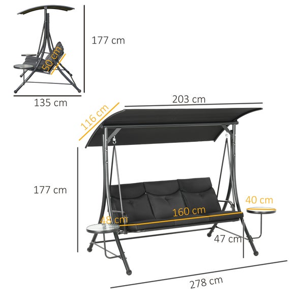 Outsunny Hollywoodschaukel mit Couchtische, 3-Sitzer Gartenschaukel mit verstellbarem Sonnendach, Schaukelbank belast bis 300kg, für Garten, Terrasse, 278 x 135 x 177 cm, Schwarz