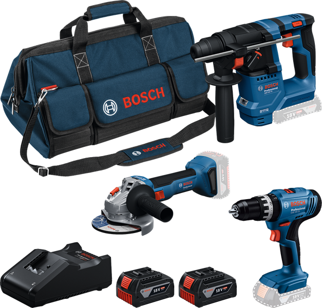 Bosch Professional 18 Volt Akku-Werkzeugset mit Bohrhammer, Winkelschleifer, Schlagbohrschrauber, zwei Akkus, Ladegerät und Tasche mit Bosch Logo.