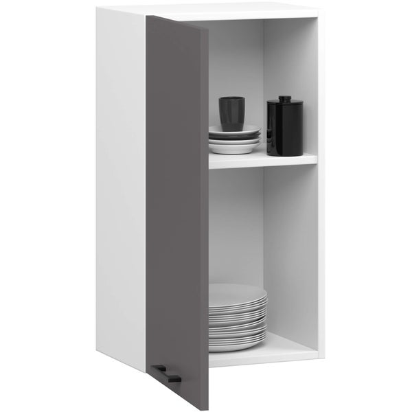 Hängeschrank mit offener Tür, Geschirr und Vorratsbehälter