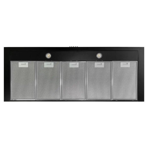 Unteransicht einer schwarzen Dunstabzugshaube mit fünf rechteckigen Metall-Fettfiltern und zwei integrierten runden Lampen.