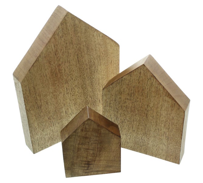 FRANK FLECHTWAREN | Holzdeko Haus, 3er Set, HOLZ, 7,5x2,5x10cm, 11x2,5x15cm, 15x2,5x20cm