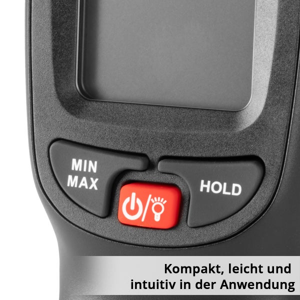 Nahaufnahme eines Temperaturmessgeräts mit Min-Max-Taste, Haltefunktion und Ein-Aus-Taste