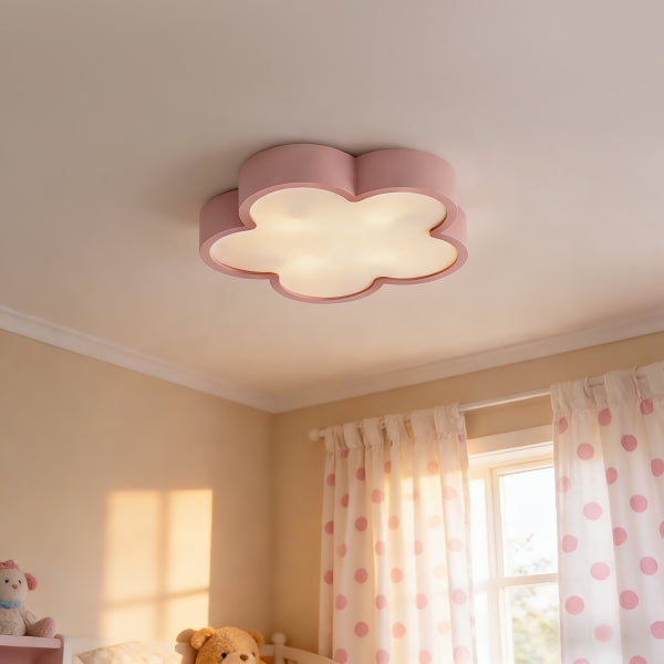 Blumenförmige LED Deckenleuchte für Kinderzimmer mit milchigem Diffusor für eine sanfte Lichtstreuung.