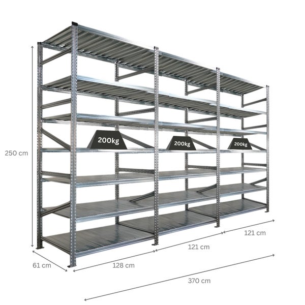 Metallregalsystem mit den Maßen 370 cm x 250 cm x 61 cm und einer Traglast von 200 kg pro Regalboden