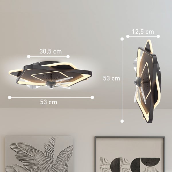 Moderne Deckenleuchte mit Ventilator und LED in einem minimalistischen Arbeitszimmer mit Holzschreibtisch, Regalen und Bürostuhl.