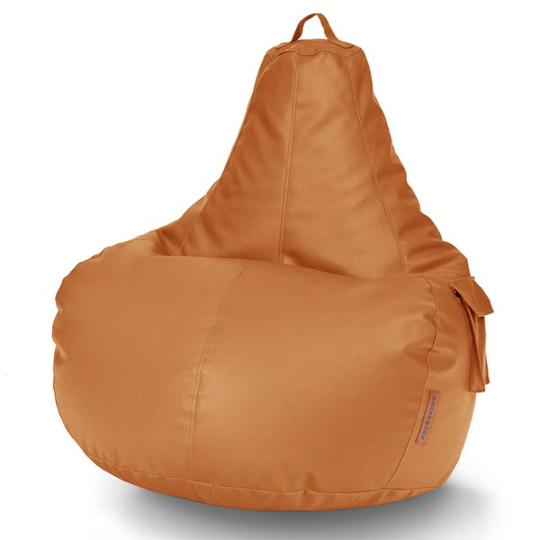 Green Bean Sitzsack aus Kunstleder mit EPS Perlen Füllung - 90 x 80 x 70 cm - Bean Bag Sitzkissen Sitzpuff Sitzsessel Bodenkissen Lounge Gaming Chair Rückenlehne - Cognac