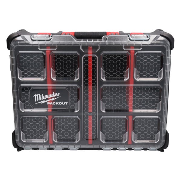 Milwaukee Packout Organizer mit transparentem Deckel, roten Fächern und Milwaukee Packout Logo.