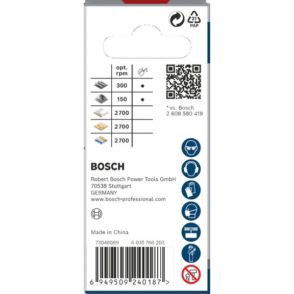 Bosch Verpackungsrückseite mit Informationen zu Umdrehungen pro Minute, QR-Code und Sicherheitsvorkehrungen