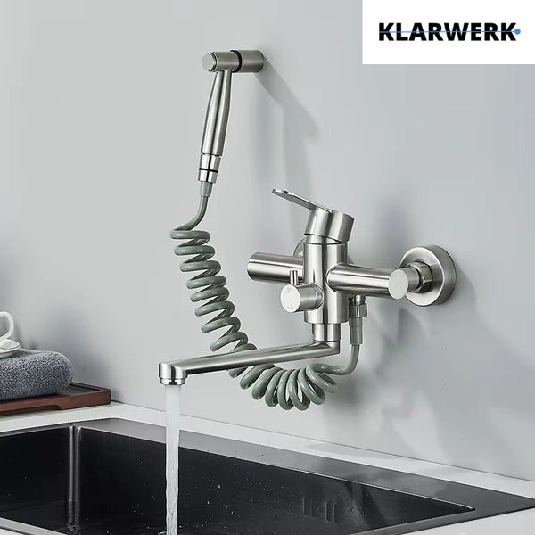 MAX | Gastronomie Mischbatterie Wandmontage Armatur Silber | Profi Küchenarmatur Edelstahl mit Handbrause | Wasserhahn Restaurant Wand flacher Auslauf