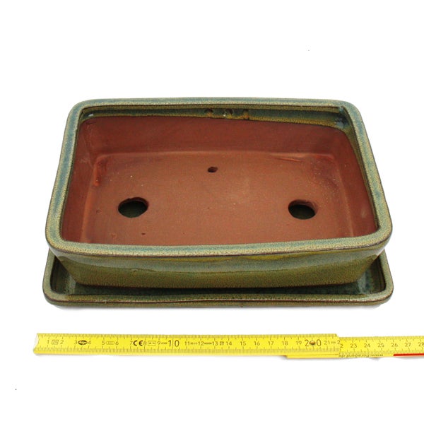 Bonsai-Schale mit Unterteller Gr. 4 - Oliv-Braun - eckig - Modell G30 - L 25cm - B 19cm - H 6,5cm
