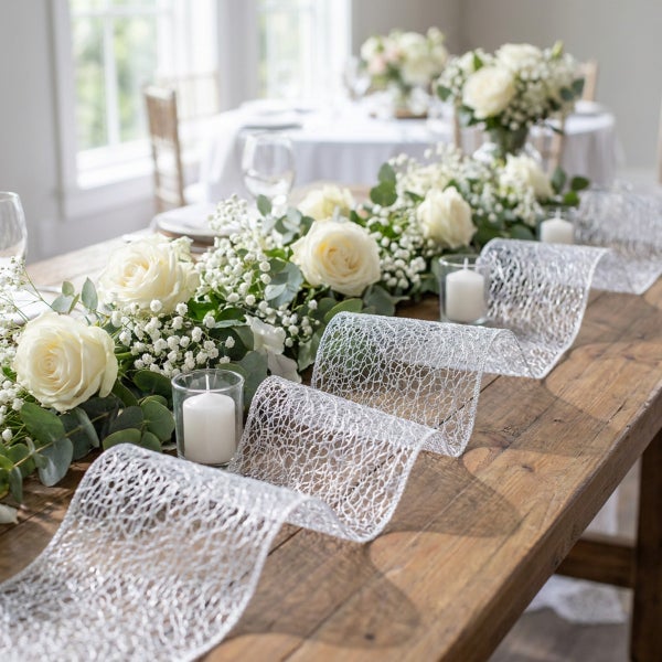 Festlich gedeckter Holztisch mit Blumengesteck aus Rosen und Schleierkraut sowie Kerzen und dekorativem Netzband als Tischdekoration.