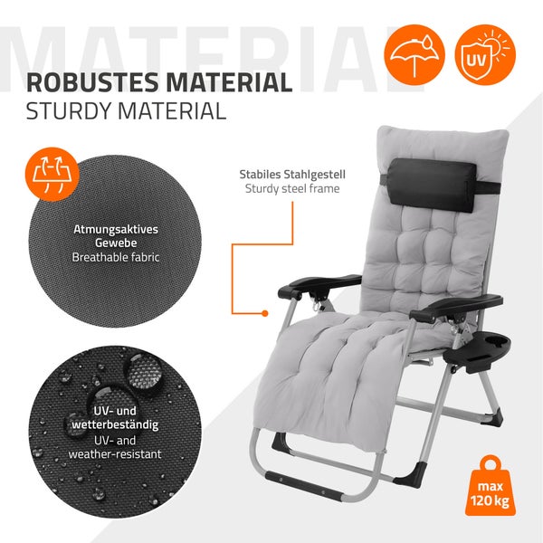 Gepolsterter Liegestuhl mit atmungsaktivem, wetterbeständigem Bezug und Stahlgestell