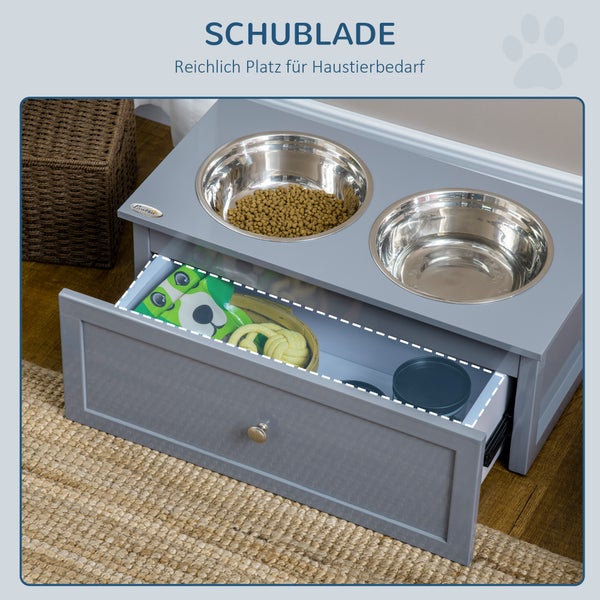 PawHut Hundenapf mit Schublade, erhöhter Fressnapf, Doppel Hundenapf aus Edelstahl, Futternapf für mittelgroße Hunde, Hunde Fressnapf mit Staumraum, Katzenapf, Futterstation, Grau