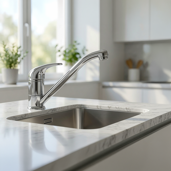 Moderne Einhebel-Küchenarmatur in Chrom auf einer Marmor-Arbeitsplatte mit Edelstahlspüle in einer hellen Küche.