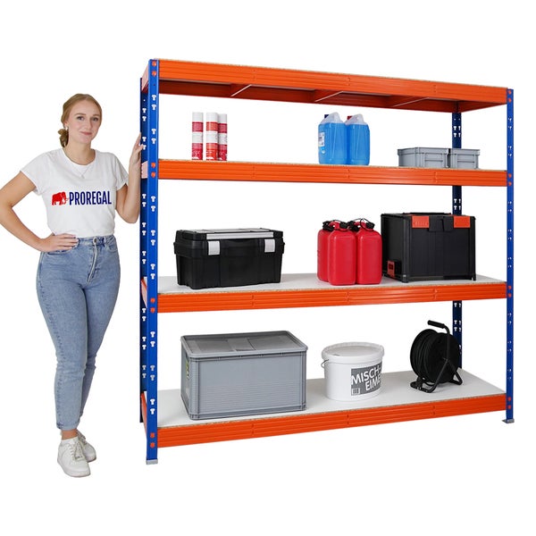 PROREGAL Profi Schwerlastregal Rhino HxBxT 180 x 200 x 60 cm 4 Melamin-Ebenen 16mm Fachlast 500 kg Blau/Orange