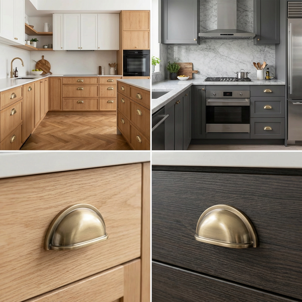 Collage von zwei Küchen mit Holzfronten und Beschlägen im Schalen-Design