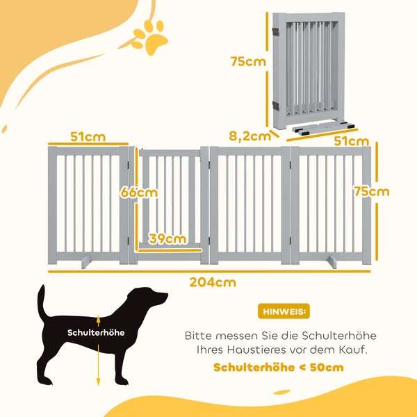 PawHut Absperrgitter Hund 4-teilig, 204 x 75 cm Faltbar Türschutzgitter mit Tür, Freistehend Hundegitter mit 2 Stützfüßen, Treppengitter aus Holz für Flur, Küche, Treppe, Hellgrau