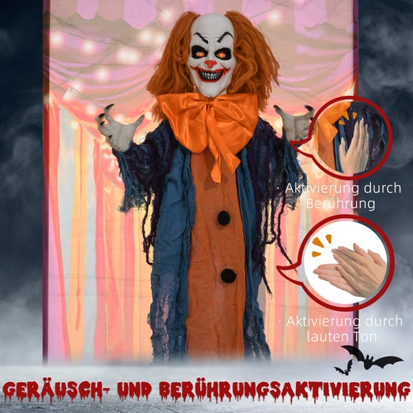HOMCOM 168cm Halloween Dekoration Halloween Zirkusclown Lebensechte Größe Halloween-Zirkusclown mit Rot Leuchtende Augen verstellbare Arme , Garten Dekoration mit LED-Lichter, Soundfunktion