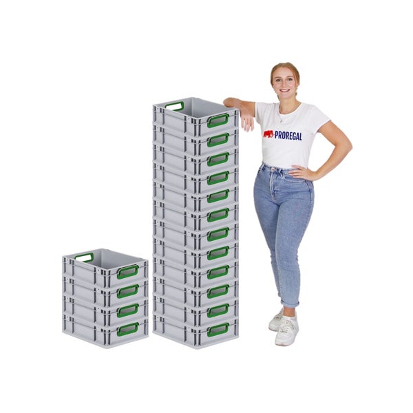 PROREGAL Spar Set 16x Eurobox Nextgen Color Mit Auflagedeckel & Schiebeschnappverschlüsse HxBxT 12 x 30 x 40 cm Griffe Grün Offen Glatter Boden