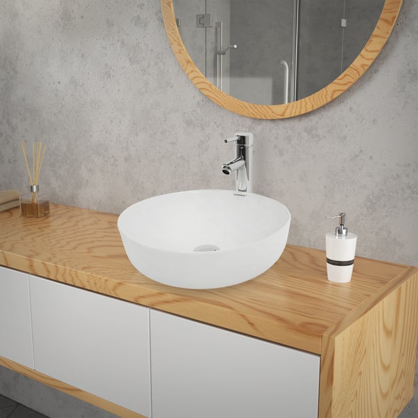 ECD Germany Waschbecken Waschtisch 400x400x135 mm Keramik Rund Weiß inkl. Ablaufgarnitur für Waschbecken ohne Überlauf Aufsatzbecken Aufsatzwaschbecken Aufsatzwaschtisch Waschschale Spülbecken Becken