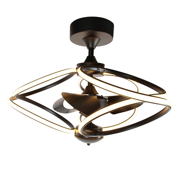 Moderner schwarzer Deckenventilator aus Metall mit integrierten Leuchtringen und drei Flügeln.
