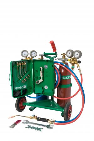 Perkeo Autogenschweißgerät und Hartlötgerät auf fahrbarem Gestell mit Gasflaschen, Druckreglern, Schläuchen, Brenner und Werkzeug.