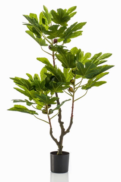 Künstlicher Feigenbaum mit grünen Blättern und Früchten in einem schwarzen Kunststofftopf.