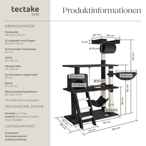 Kratzbaum tectake Marcel inklusive Treppe, Spielkordel und Kippschutz 141 cm schwarz