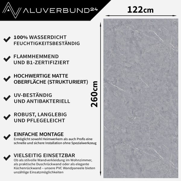 Aluverbund24 Wandpaneel aus PVC mit Marmoroptik und einer Groesse von 260 mal 122 Zentimeter mit Produkteigenschaften und Vorteilen in der Uebersicht