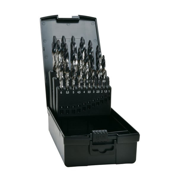 Bohrer Set in geöffnetem schwarzem Kasten