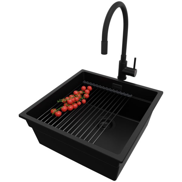 PRIMAGRAN Unterbauspüle Granit Alles Schwarz 46x47cm, Spülbecken 1 Becken + Küchenarmatur 40x38cm + Ablauf-Set + Aufrollbare Abtropffläche, Granitspüle ab 50er Unterschrank - Praga