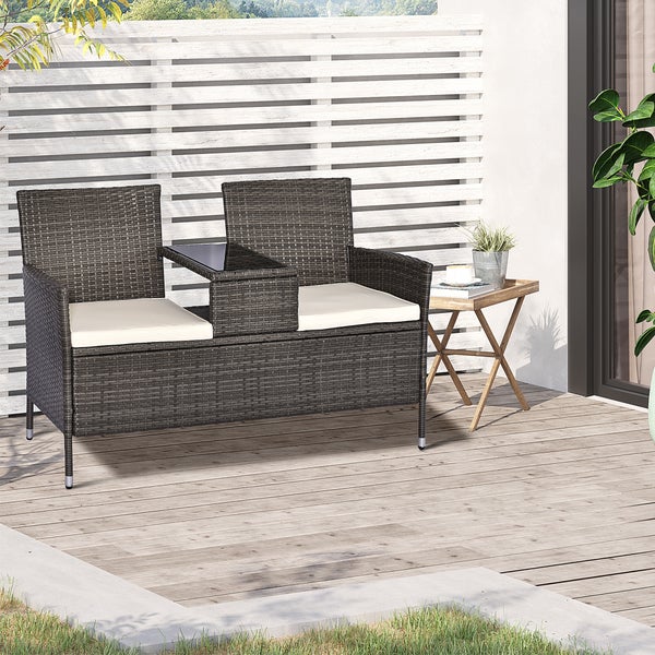 Outsunny Polyrattan Gartenbank, Sitzbank, mit Tisch, 2-Sitzer, B133 x T63 x H84cm, Stahl, Grau