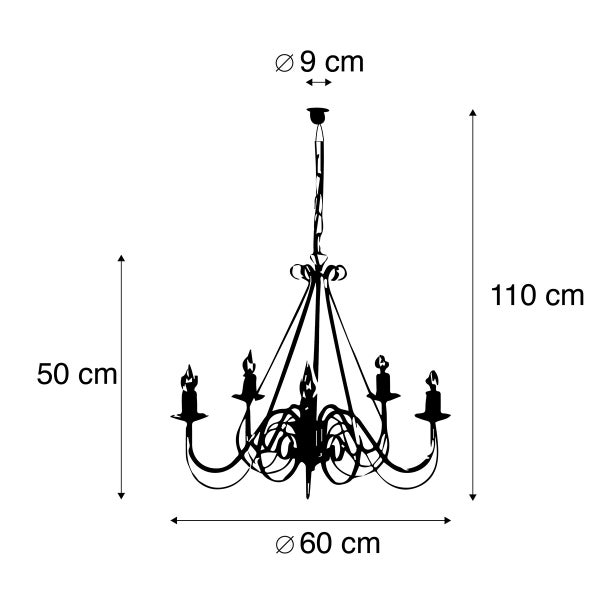 Abmessungen einer Hängeleuchte: 110 cm hoch, Durchmesser von 60 cm, Deckenteiler Durchmesser 9 cm.